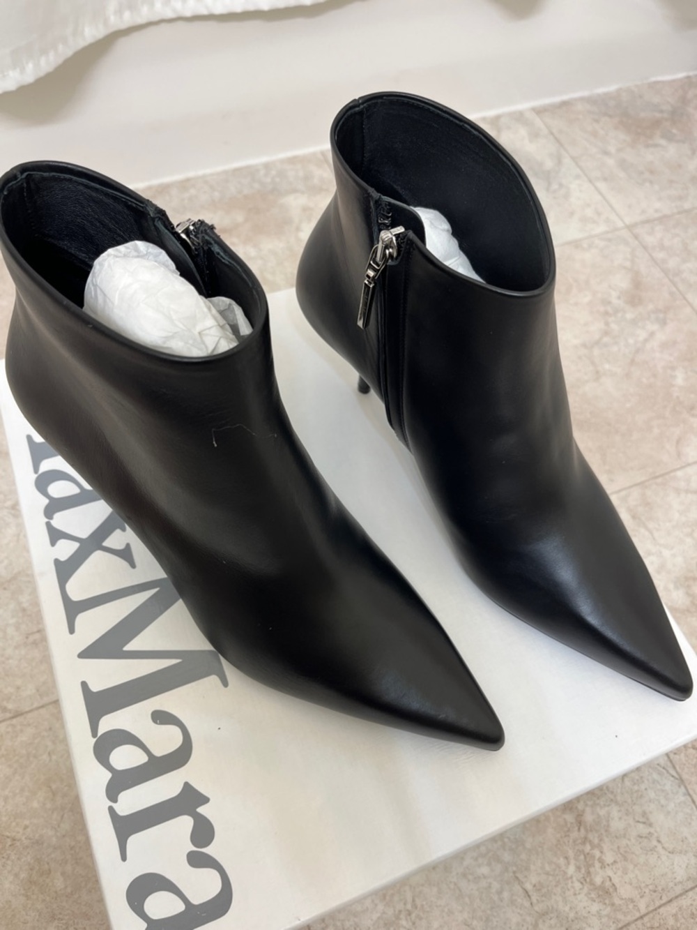 MaxMara Black Leather Pointed Ankle Booties